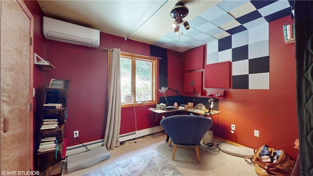 home office with carpet flooring and a wall mounted AC