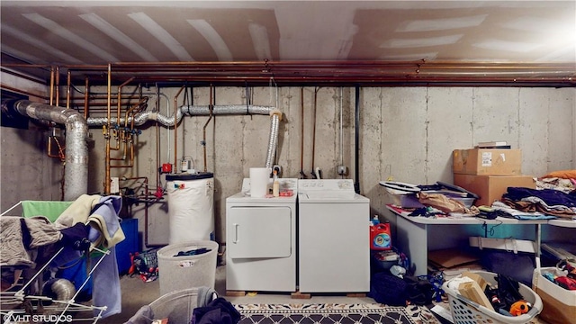 laundry room with washing machine and dryer and water heater