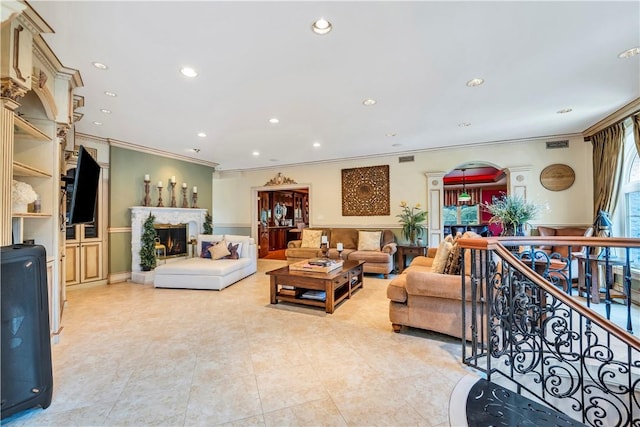 living room with crown molding