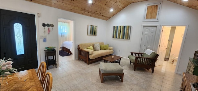 living room with high vaulted ceiling, wooden ceiling, and a wealth of natural light