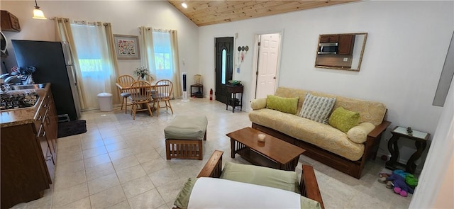 tiled living room featuring wooden ceiling and vaulted ceiling