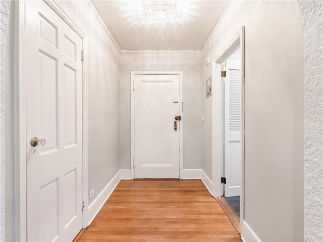 doorway with light hardwood / wood-style floors and ornamental molding