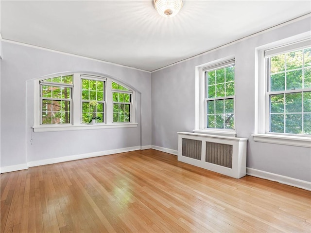 unfurnished room featuring light hardwood / wood-style flooring, radiator, and a healthy amount of sunlight