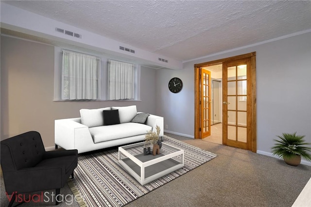 living room with a textured ceiling and french doors