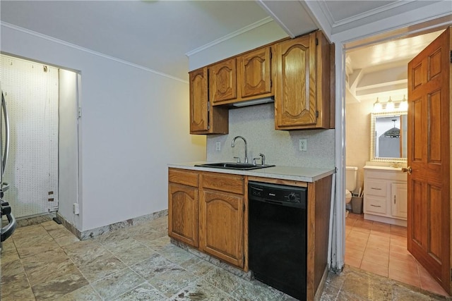 kitchen featuring backsplash, crown molding, sink, and black dishwasher