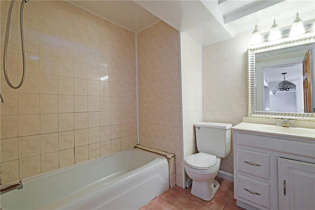 full bathroom featuring vanity, shower / tub combination, tile patterned floors, toilet, and tile walls