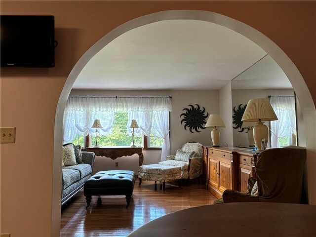 437 Lindholm Rd, Fallsburg, NY 12747 - living room featuring arched walkways and wood finished floors