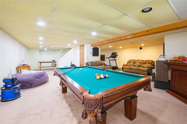 playroom with light carpet, a drop ceiling, and billiards