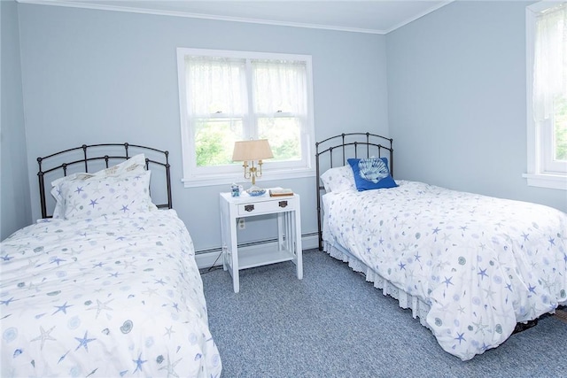 bedroom featuring carpet flooring, ornamental molding, and a baseboard radiator