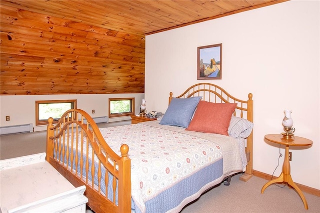 bedroom with carpet flooring, a baseboard heating unit, lofted ceiling, and wooden ceiling