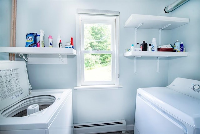 laundry area featuring washing machine and dryer and a baseboard heating unit