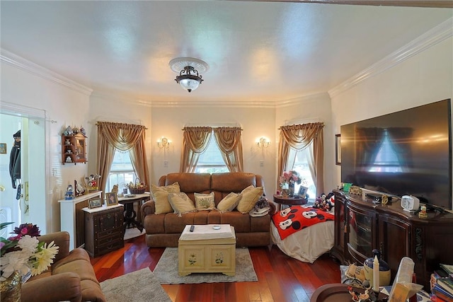 living room featuring dark hardwood / wood-style flooring and ornamental molding