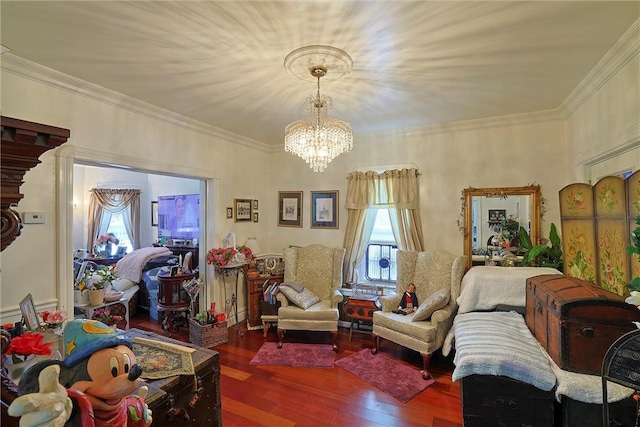 interior space with a chandelier, crown molding, and dark wood-type flooring