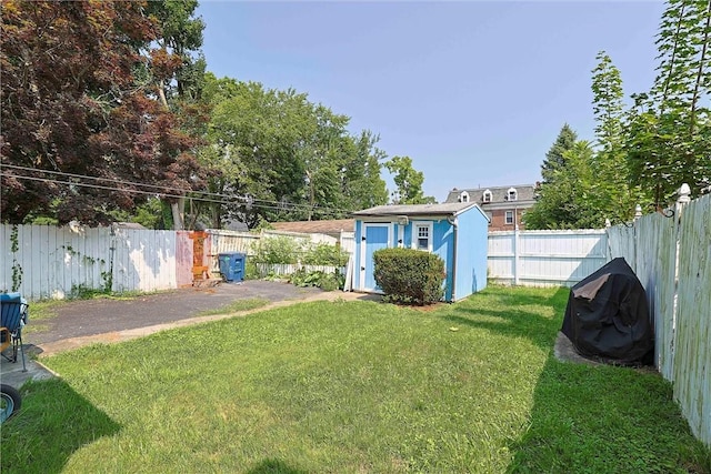 view of yard featuring a storage unit