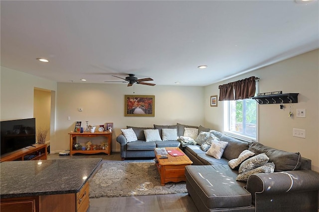 living room featuring ceiling fan and wood-type flooring