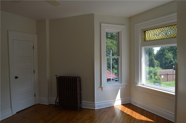 spare room featuring plenty of natural light, dark wood-type flooring, and radiator