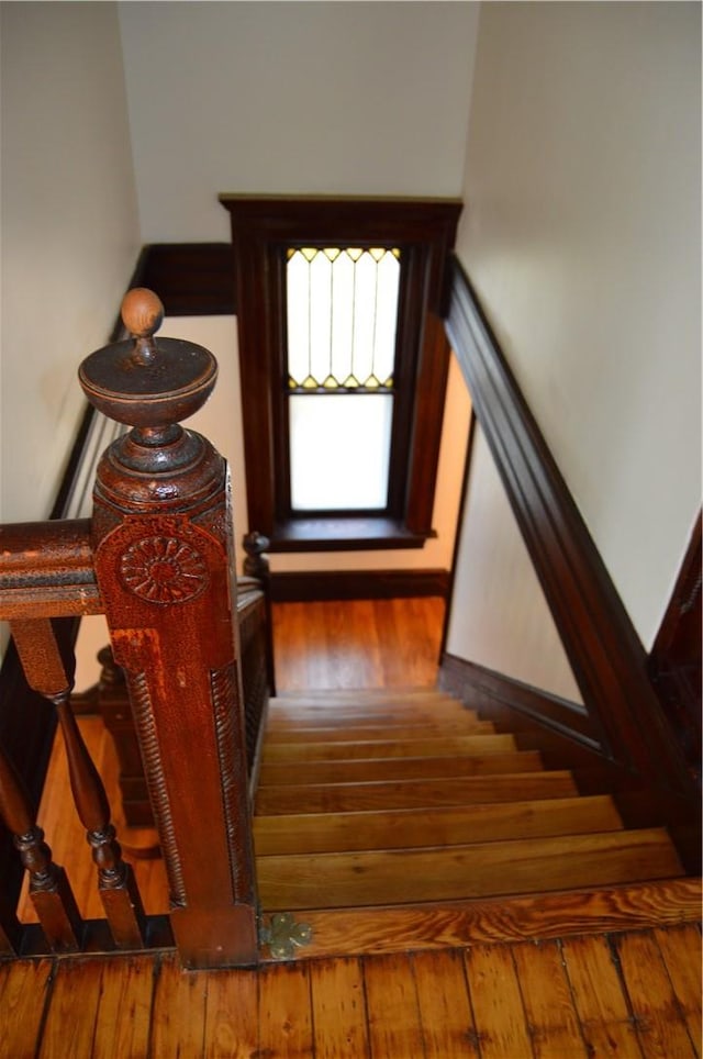 stairs with hardwood / wood-style flooring