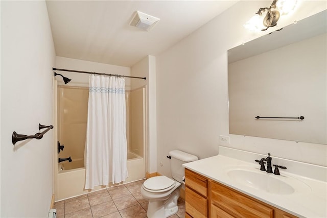 full bathroom featuring tile patterned floors, vanity, shower / bathtub combination with curtain, and toilet