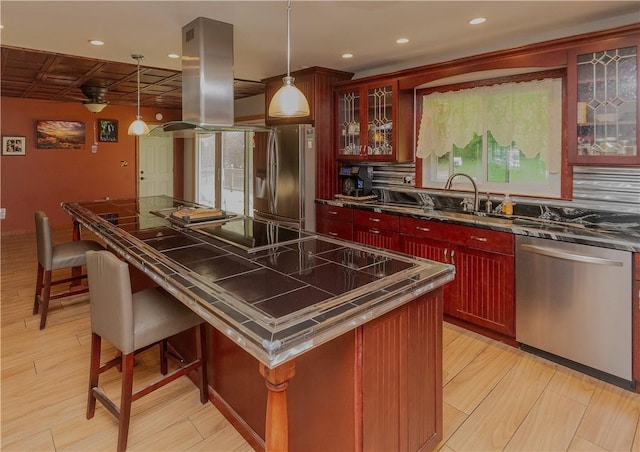 kitchen with hanging light fixtures, light hardwood / wood-style floors, appliances with stainless steel finishes, a kitchen island, and island exhaust hood