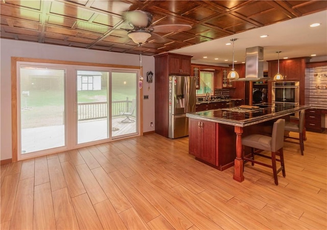 kitchen with appliances with stainless steel finishes, light wood-type flooring, island range hood, and decorative light fixtures