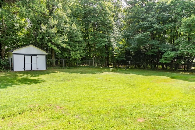 view of yard featuring a storage shed