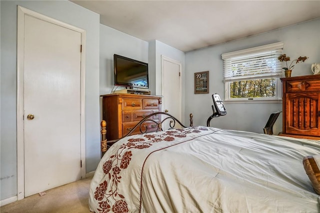 bedroom featuring light colored carpet