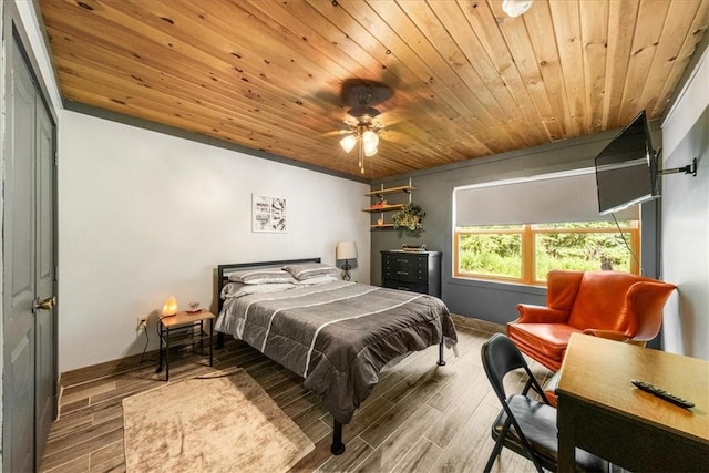 bedroom featuring wood ceiling, ceiling fan, a closet, and wood-type flooring