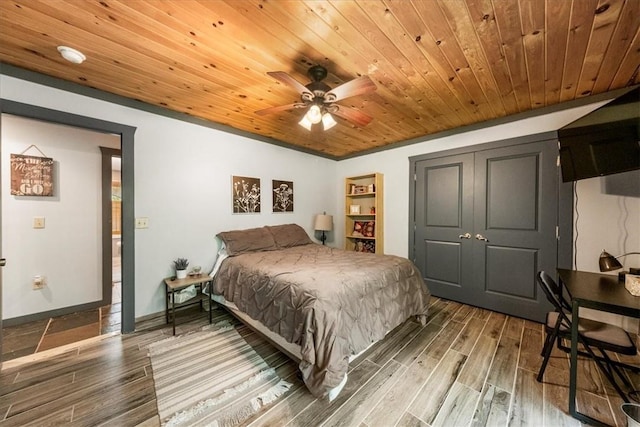 bedroom featuring wood-type flooring, ceiling fan, and wooden ceiling