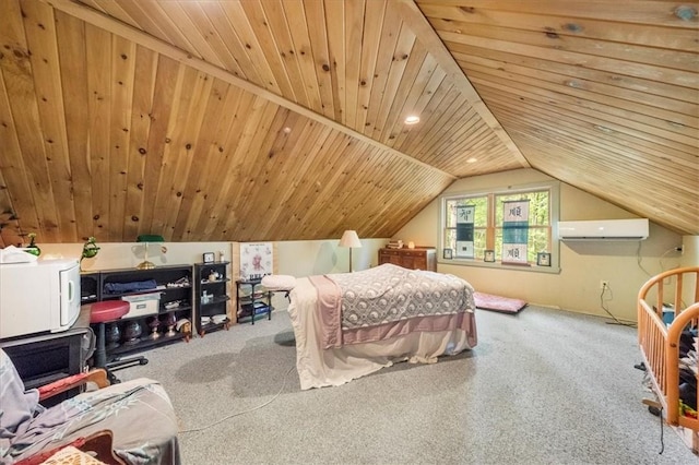 carpeted bedroom featuring a wall mounted air conditioner, wood ceiling, and vaulted ceiling