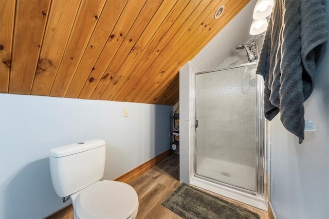 bathroom with walk in shower, wooden ceiling, hardwood / wood-style floors, toilet, and lofted ceiling