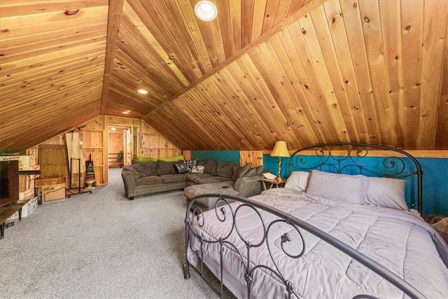 bedroom with wood walls, carpet floors, wood ceiling, and vaulted ceiling