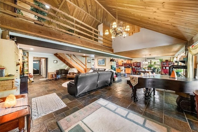 rec room featuring wood ceiling, high vaulted ceiling, and a chandelier