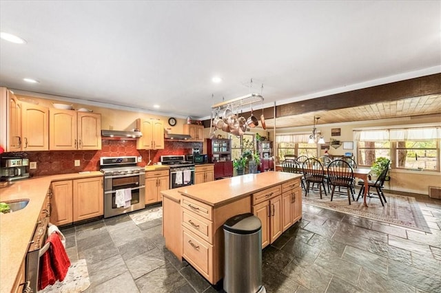 kitchen featuring pendant lighting, light brown cabinets, stainless steel electric stove, decorative backsplash, and stainless steel range oven