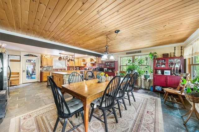 dining space with wood ceiling