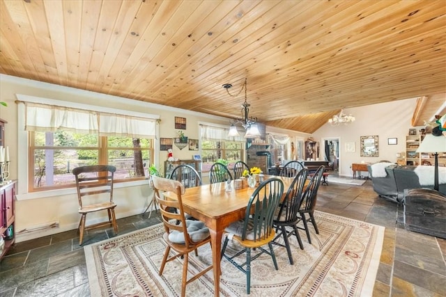 dining area with a chandelier, lofted ceiling, and wooden ceiling