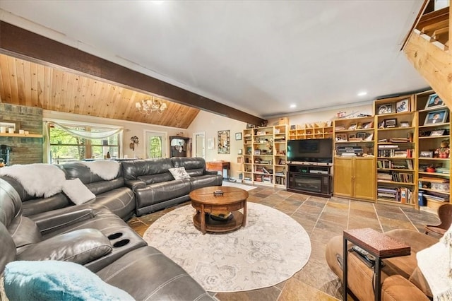 living room featuring vaulted ceiling with beams, a notable chandelier, and wood ceiling