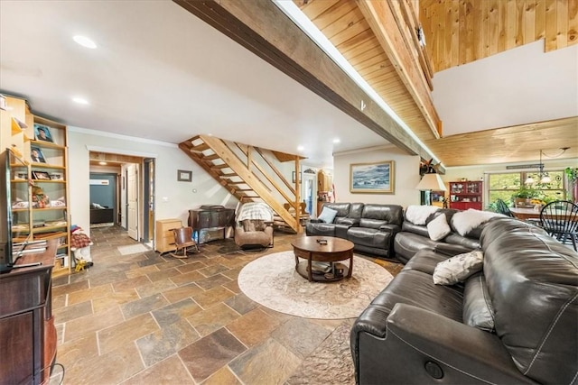 living room with wood ceiling and crown molding