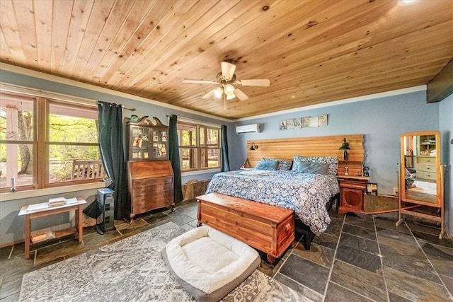 bedroom featuring a wall mounted air conditioner, ceiling fan, ornamental molding, and wood ceiling