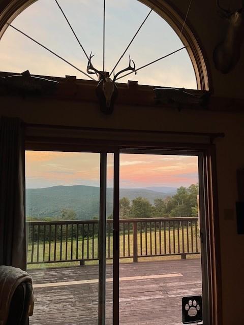 doorway to outside with a mountain view and wood-type flooring