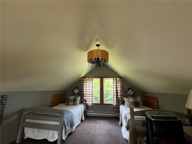 carpeted bedroom with a chandelier, baseboard heating, and vaulted ceiling