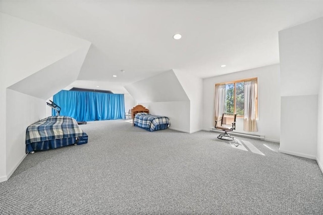 unfurnished bedroom featuring carpet flooring, baseboards, vaulted ceiling, and recessed lighting