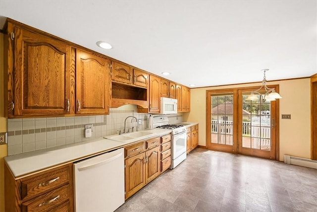 kitchen with sink, a baseboard radiator, hanging light fixtures, tasteful backsplash, and white appliances