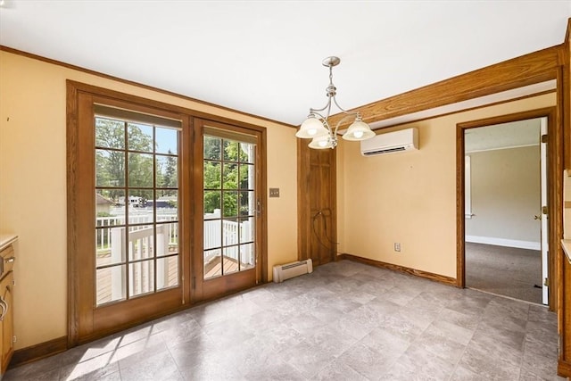 doorway featuring a wall mounted air conditioner, crown molding, baseboard heating, and a notable chandelier