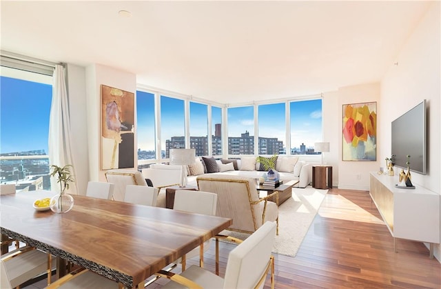 dining space with expansive windows and light hardwood / wood-style flooring