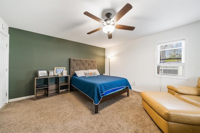 bedroom with carpet flooring, ceiling fan, and cooling unit