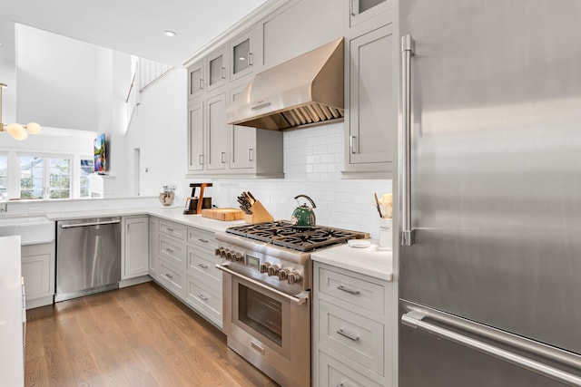 kitchen with extractor fan, sink, premium appliances, decorative backsplash, and light wood-type flooring