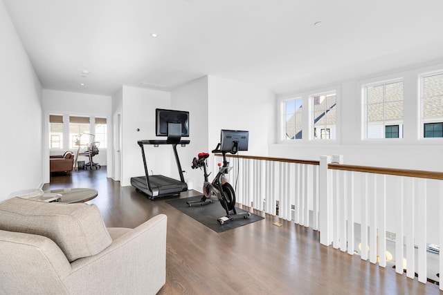 exercise room with dark hardwood / wood-style floors