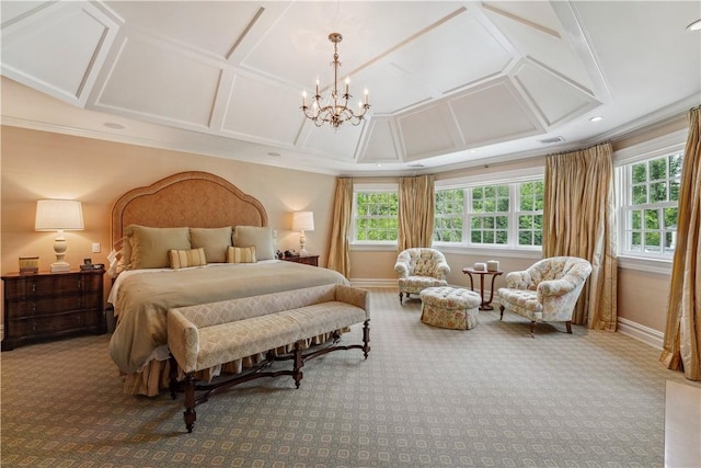 carpeted bedroom with ornamental molding, a notable chandelier, and coffered ceiling