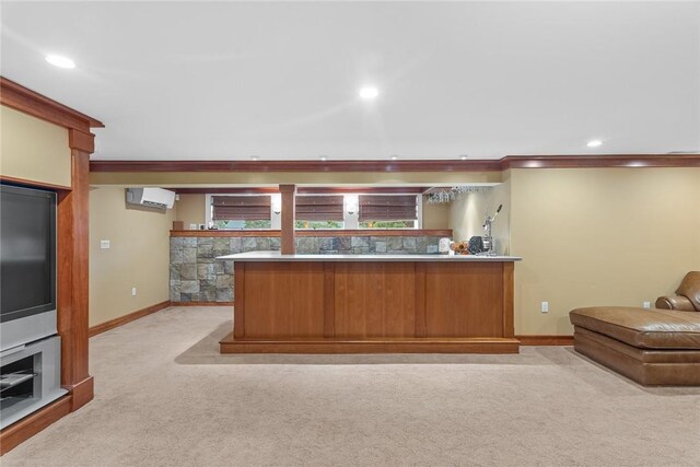 94 Overlook Dr, Andes, NY 13731 - kitchen featuring a wall unit AC, kitchen peninsula, crown molding, and light colored carpet