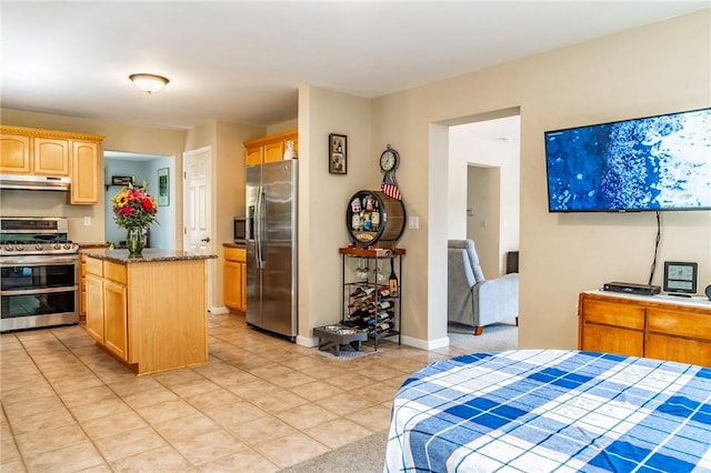 bedroom with stainless steel fridge with ice dispenser and light tile patterned floors